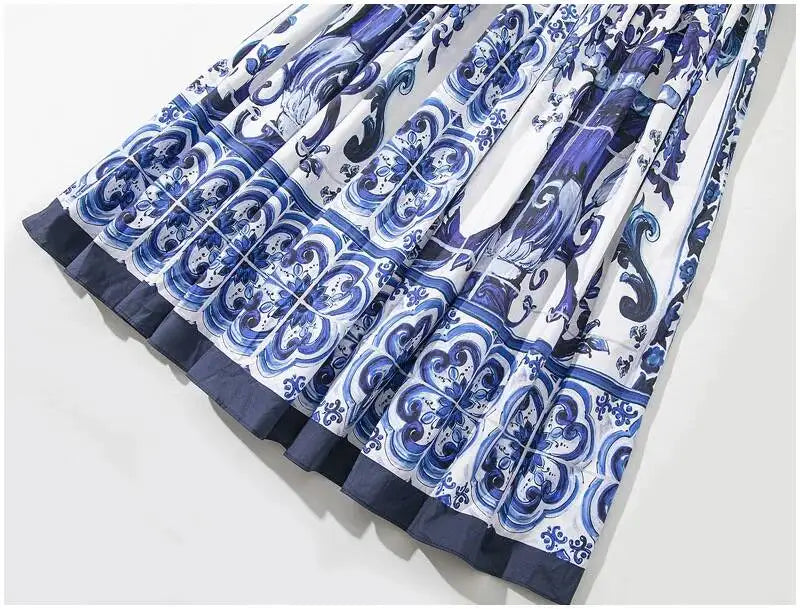 JAMERARY Summer Blue And White Porcelain Flower Printing Floral Long Dress Women Straps Zipper Elastic Backless Midi Vestidos