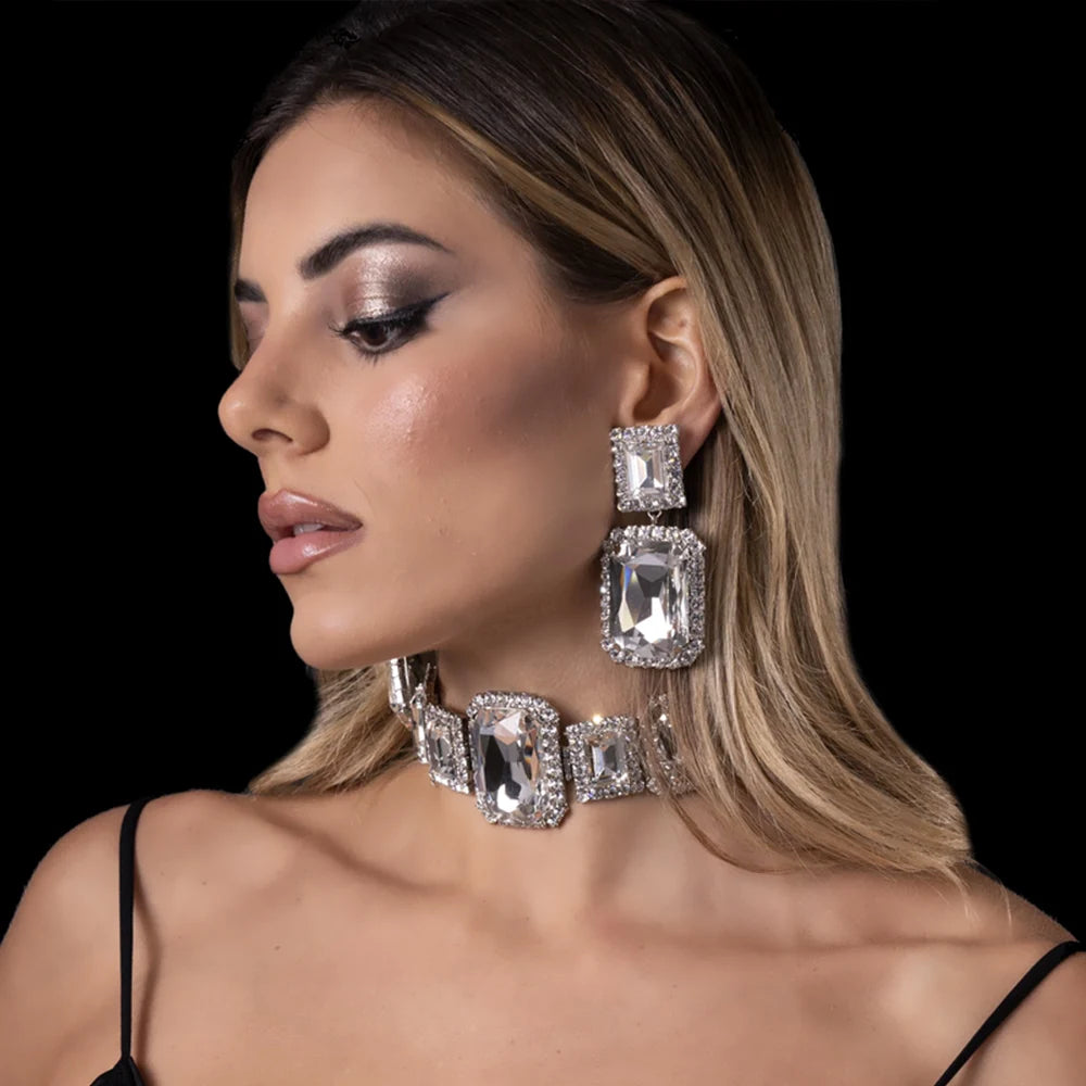 Stonefans Geometric Crystal Necklace Earrings Set Vintage Party Accessories Bridesmaid Wedding Jewelry for Bride Decoration Luxu