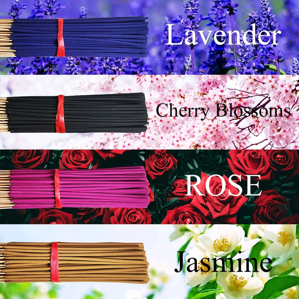 4 Types of Floral Scented High-Quality Handmade Bamboo Stick Incense Set, 22cm Long Natural Chinese Incense Sticks, Including Lavender, Cherry Blossom, Rose, Jasmine, Etc., with a Fresh and Elegant Scent That Lasts for a Long