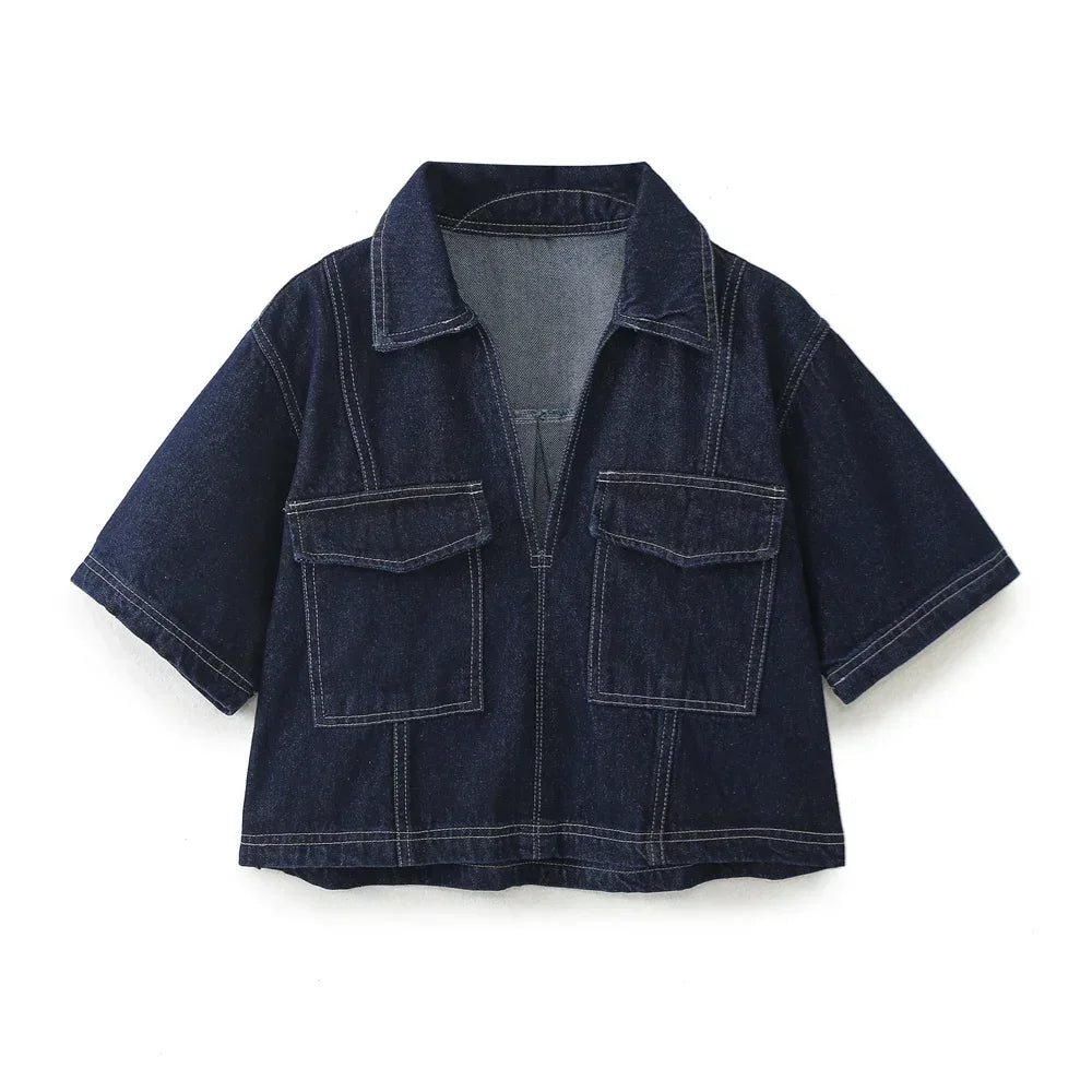 Summer New Women's Fashion Temperament Casual Versatile V-neck Short Denim Shirt Double Breasted Denim Skirt Suits Outfits