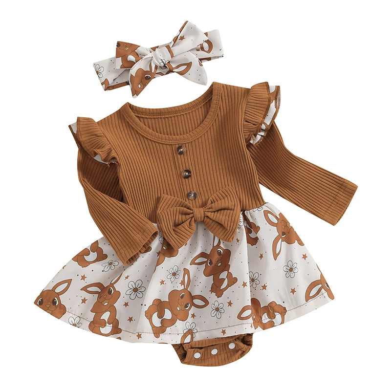 Toddler Easter Dress Short Sleeve Floral Print A-line Romper with Bunny Ear Headband Set for Baby Girls Spring Outfit