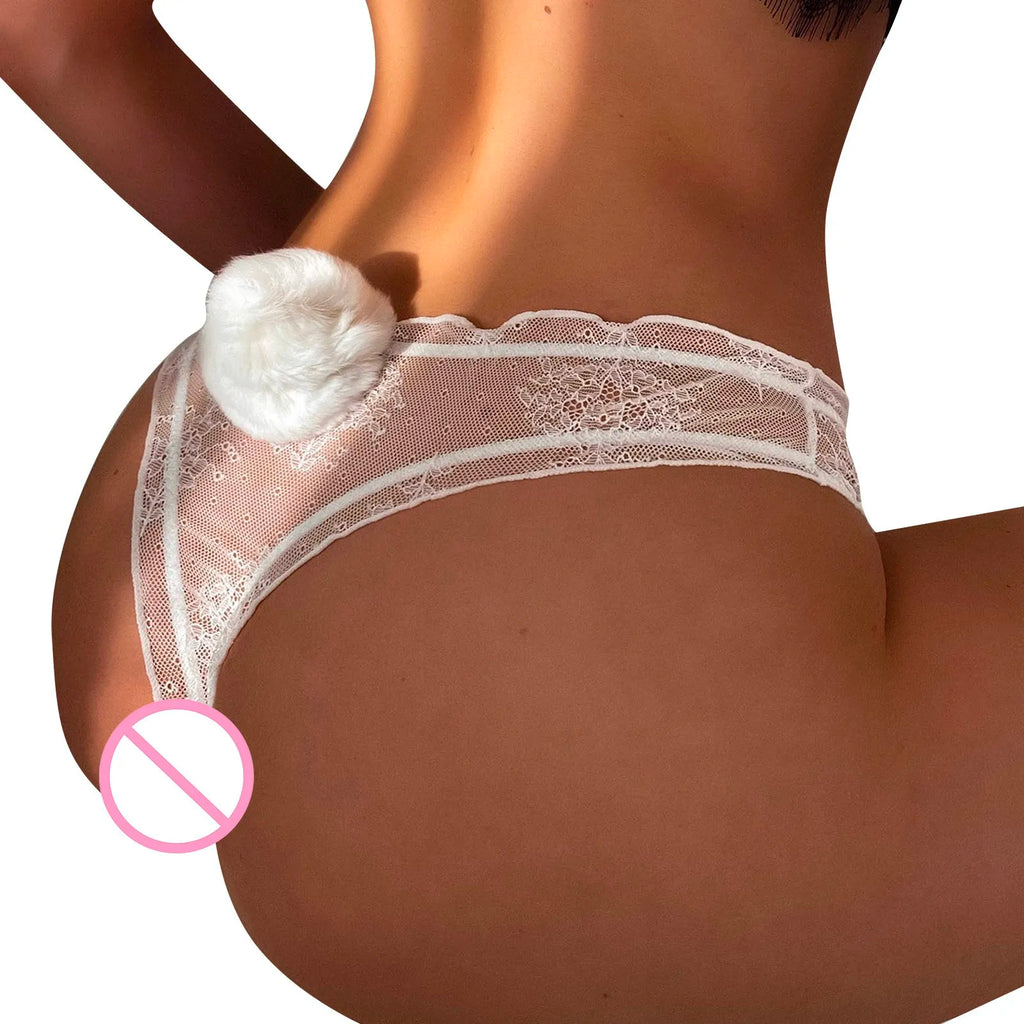 Women Lace Mesh Cotton Thongs Panties Sexy Rabbit Tail Waist Female Underpants Pantys Lingerie Vintage Lingerie for Women
