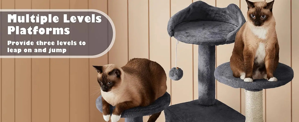 54in Cat Tree, Multi-Level Cat Tower With Spacious Kitten-ear Perch, 2 Cozy Caves, Scratching Posts, Climbing Ladder, 2 Plush Ba
