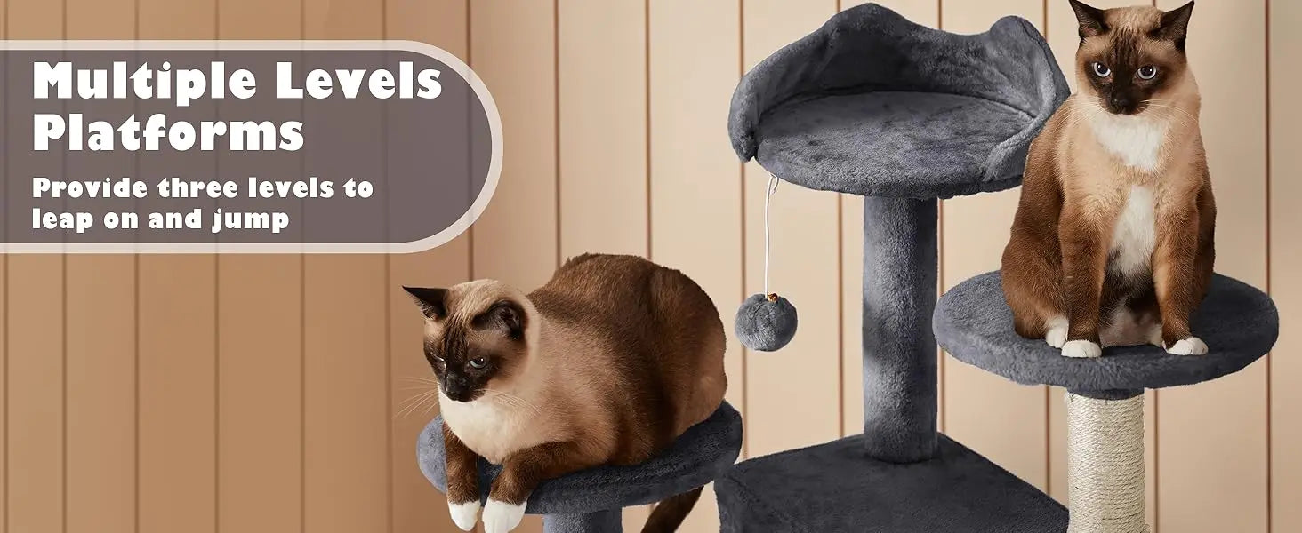 54in Cat Tree, Multi-Level Cat Tower With Spacious Kitten-ear Perch, 2 Cozy Caves, Scratching Posts, Climbing Ladder, 2 Plush Ba