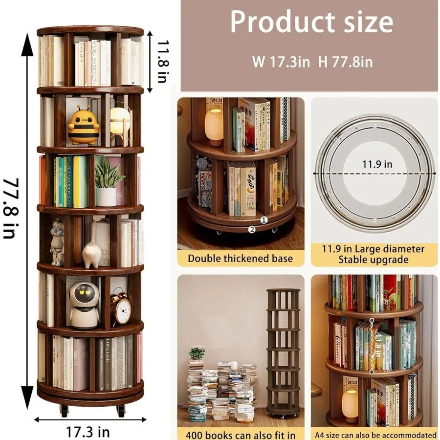 6 Tier Rotating Bookshelf Made of Solid Wood with 360 Spinning Design for Compact Rolling Bookcase Tower Ideal for Small Spaces