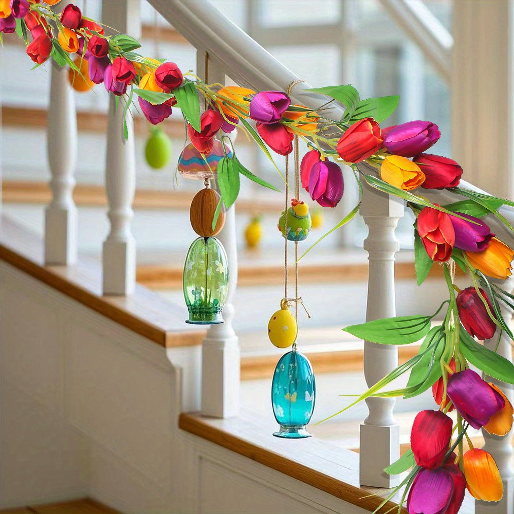 Easter Tulip Garland 6.5ft Artificial Spring Garland Easter Decorations Garland with Tulip Flower Green Leaves Hanging