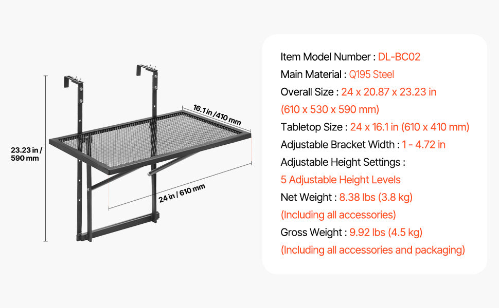 VEVOR Balcony Hanging Table Metal Folding Balcony Railing Table Outdoor Balcony Bar Table for Railings Serving Table for Patio