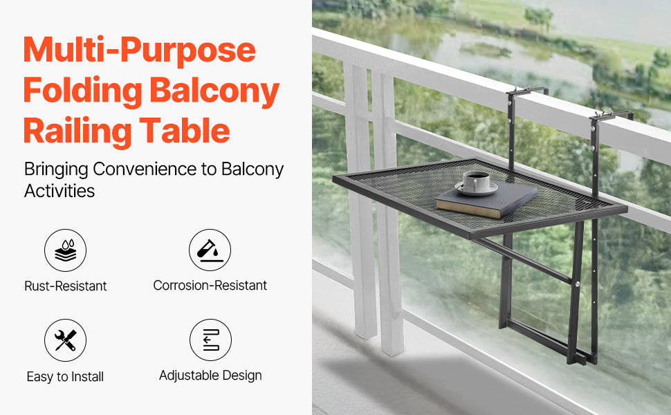 VEVOR Balcony Hanging Table Metal Folding Balcony Railing Table Outdoor Balcony Bar Table for Railings Serving Table for Patio