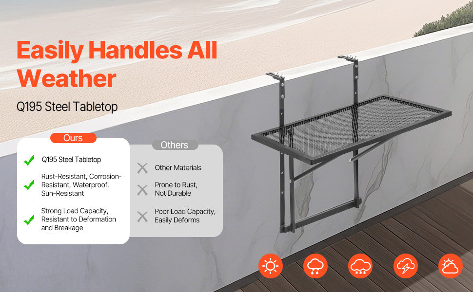 VEVOR Balcony Hanging Table Metal Folding Balcony Railing Table Outdoor Balcony Bar Table for Railings Serving Table for Patio