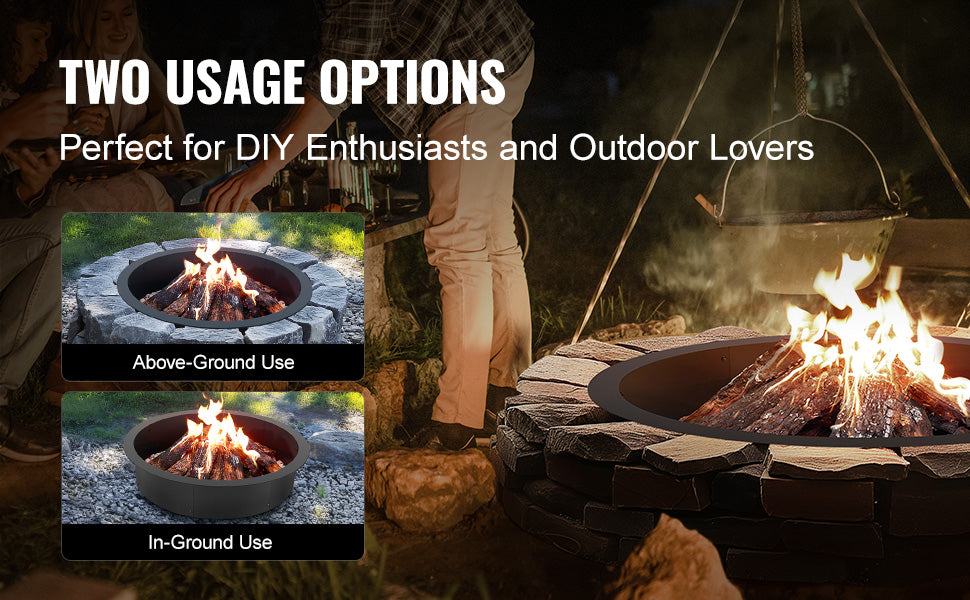 SucceBuy Fire Pit Ring Thick Fire Pit Insert Heavy Duty Carbon Steel Liner DIY Campfire Ring above or In-Ground for Outdoor