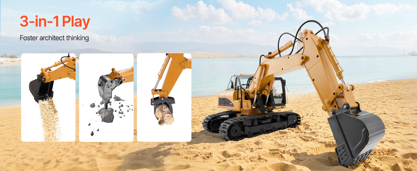 SucceBuy 2.4G Remote Control Excavator Dump Truck 3 in 1 RC Model Car Digger Toy with Light & Sound Construction Vehicle for Kid
