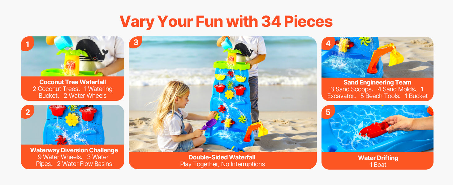 SucceBuy Water Play Table Kids Outdoor Beach Toy with 37PCS Accessories Double-Sided Summer Sand Platform for Children Gifts