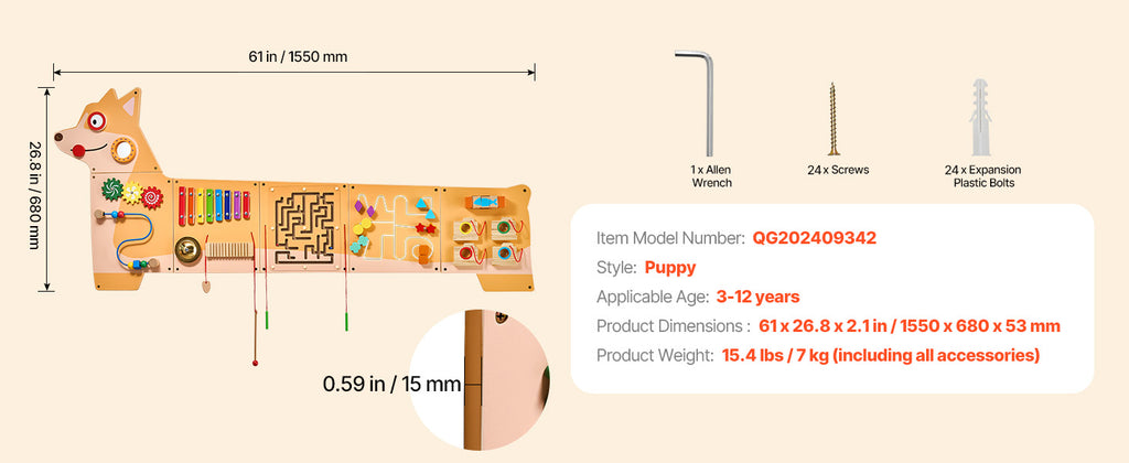 SucceBuy Puppy Kids Wall Busy Panels 12 Activities Board Montessori Sensory Learning Activity Center for Children Playroom Toys