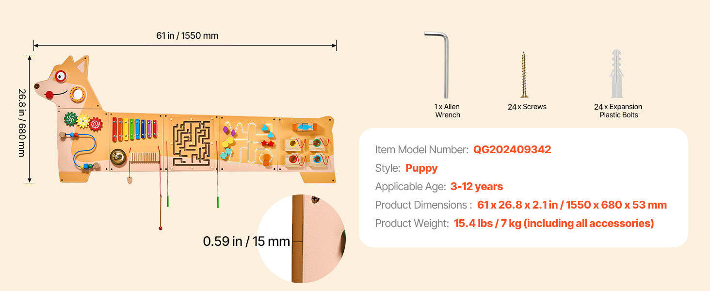 SucceBuy Puppy Kids Wall Busy Panels 12 Activities Board Montessori Sensory Learning Activity Center for Children Playroom Toys