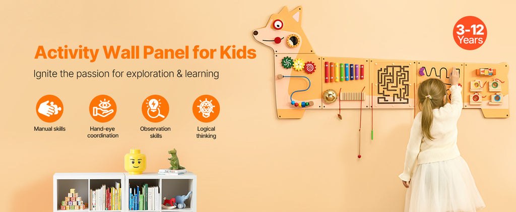 SucceBuy Puppy Kids Wall Busy Panels 12 Activities Board Montessori Sensory Learning Activity Center for Children Playroom Toys