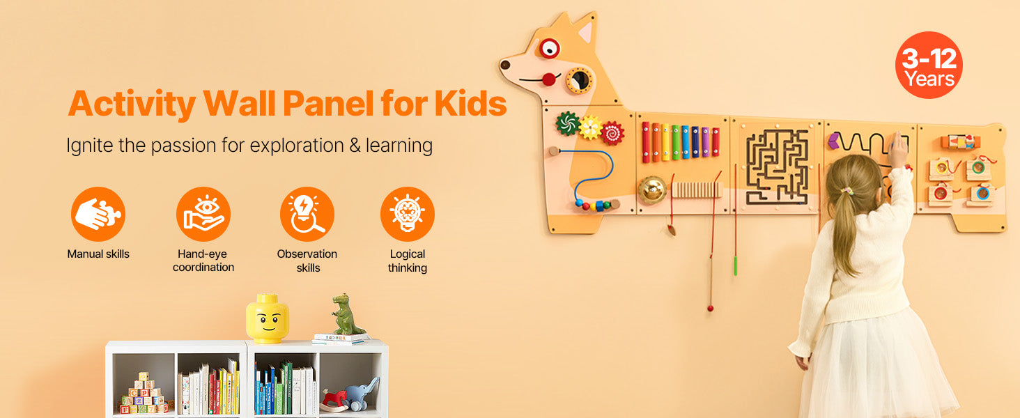 SucceBuy Puppy Kids Wall Busy Panels 12 Activities Board Montessori Sensory Learning Activity Center for Children Playroom Toys
