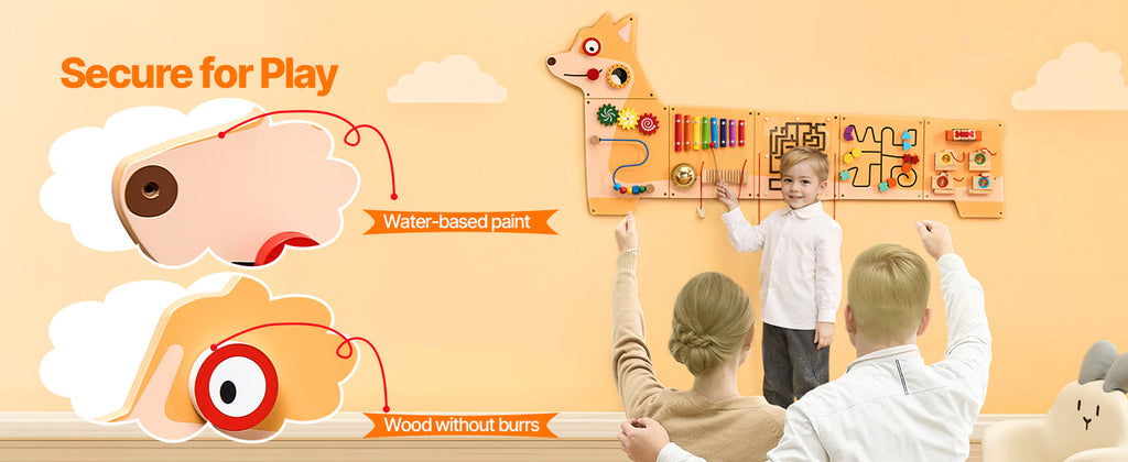 SucceBuy Puppy Kids Wall Busy Panels 12 Activities Board Montessori Sensory Learning Activity Center for Children Playroom Toys